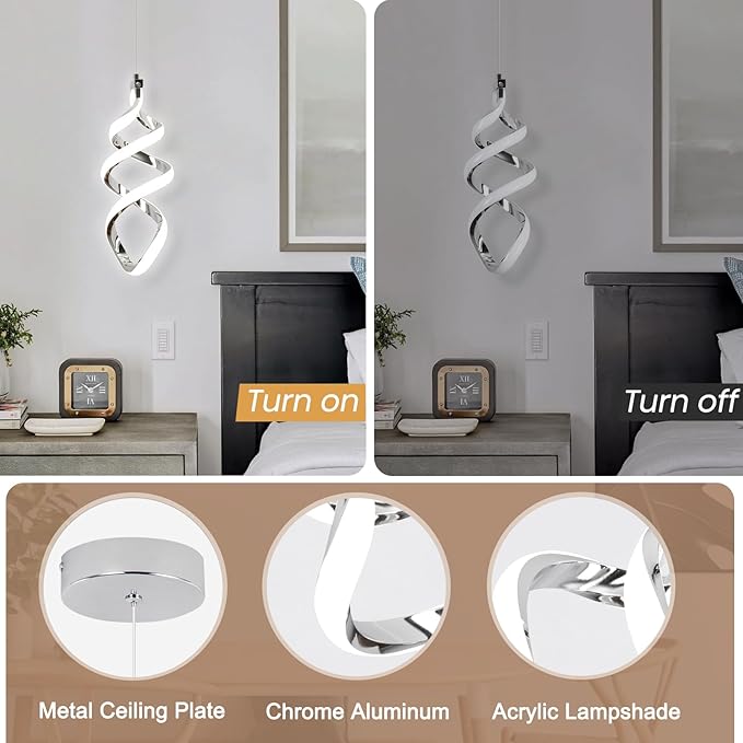 EIDISUNY 3 Packs Pendant Light, 15W Spiral Led Pendant Light, 4500K Modern Pendant Lights Kitchen Island, Adjustable Height Pendant Light for Dining Room Bedroom Kitchen Island Cafe