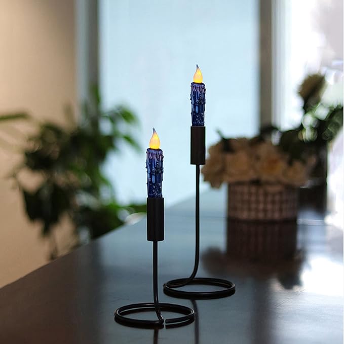 CVHOMEDECO. Real Wax Hand Dipped Battery Operated LED Timer Taper Candles Rustic Primitive Flameless Lights Decor, 4-3/4 Inch, Navy Blue, 3 PCS in a Package