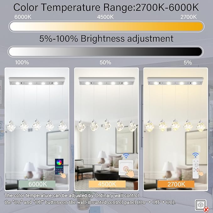 5-Lights Rectangular Pendant Light LED Dimmable Linear Crystal Chandelier Modern Rectangular Chandeliers for Dining Room Bedroom Silver Hanging Light