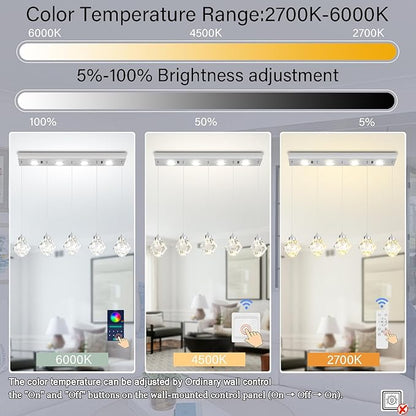 5-Lights Rectangular Pendant Light LED Dimmable Linear Crystal Chandelier Modern Rectangular Chandeliers for Dining Room Bedroom Silver Hanging Light