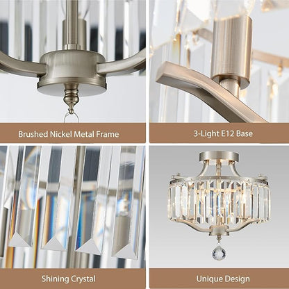 Brushed Nickel Crystal Semi Flush Mount Ceiling Light Fixture Modern Farmhouse Small Chandelier 3-Light Round Crystal Mini Chandelier for Dining Room Entryway Hallway Kitchen Bedroom Foyer