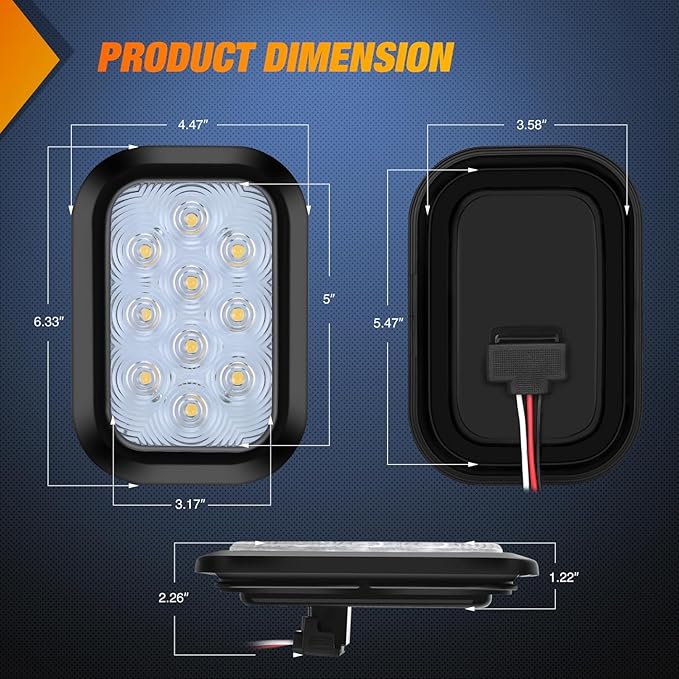Nilight 5” X 3” Rectangular Trailer Tail Light 2 PCS White 10 LED Back Up Reverse Lights w/Flush Mount Grommets Plugs IP67 Waterproof for 12V Truck ATV UTV Bus RV Camper