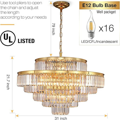 31" Gold Crystal Chandelier, Modern 6-Tier Ceiling Light with Clear Crystal Prisms, Luxury Pendant Lighting for Dining Room Living Room Entryway