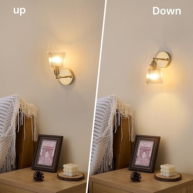 Shenmoyl Vintage Wall Sconces with Transparent Stripe Glass Lampshade 180 Degree Adjustable Brass Sconces Hradwired Modern Wall Lighting Fixture with Switch for Bedside Bedroom Doorway