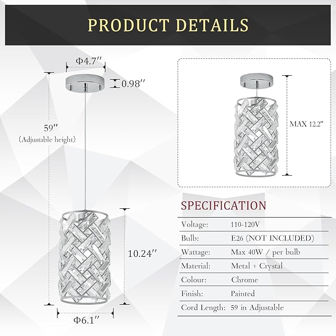 CATINER Modern Chrome Pendant Light, Mini Crystal Chandelier, Adjustable Lighting Fixture for Kitchen Island, Dining Room, Bedroom (Set of 3)