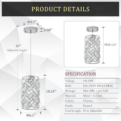 CATINER Modern Chrome Pendant Light, Mini Crystal Chandelier, Adjustable Lighting Fixture for Kitchen Island, Dining Room, Bedroom (Set of 3)