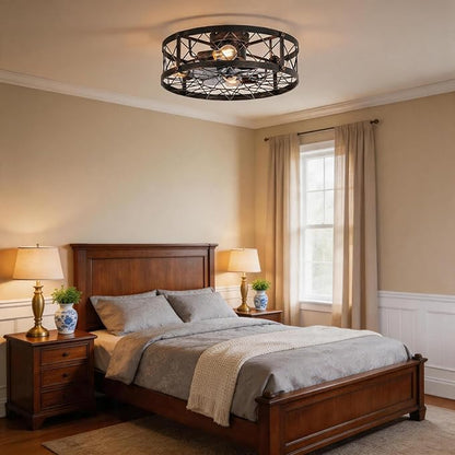 20" Farmhouse Flush Mount Caged Ceiling Fans with Lights, Rustic Low Profile Ceiling Fan with Remote, Quiet Reversible DC Motor Small Bladeless Enclosed Ceiling Fan for Bedroom Dining Room Kitchen