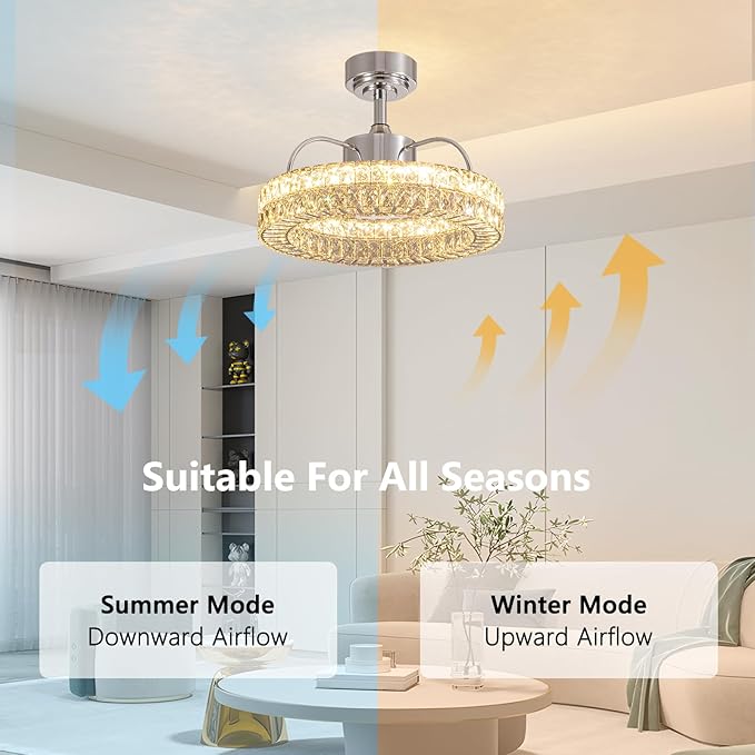 LUDOMIDE Crystal Ceiling Fans with Lights, 21" Fandelier Ceiling Fan with Light and Remote 6-Speed Wind, Dimmable LED, Chandelier Ceiling Fan for Bedroom Dining Room Living Room