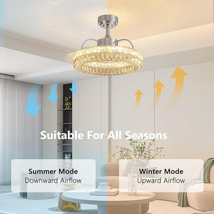 LUDOMIDE Crystal Ceiling Fans with Lights, 21" Fandelier Ceiling Fan with Light and Remote 6-Speed Wind, Dimmable LED, Chandelier Ceiling Fan for Bedroom Dining Room Living Room