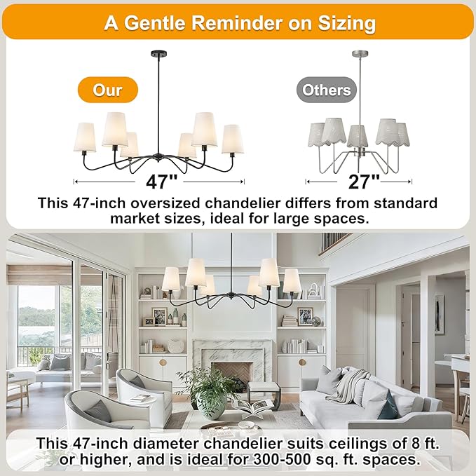 47'' Oversized Modern Chandelier with Shades, Farmhouse Chandelier, 6-Light Large Black Chandelier for Living Room, Adjustable Traditional Chandeliers for Foyer Kitchen E12 Base