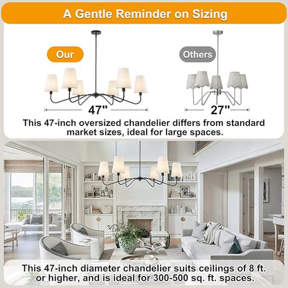 47'' Oversized Modern Chandelier with Shades, Farmhouse Chandelier, 6-Light Large Black Chandelier for Living Room, Adjustable Traditional Chandeliers for Foyer Kitchen E12 Base