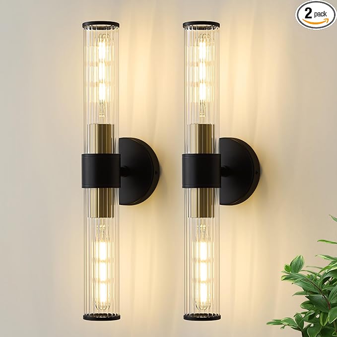 Bathroom Light Fixtures 2 Pack Hardwired, Black Gold Wall Sconce Threaded Glass Vanity Light Featuring Two E26 sockets, Bathroom Wall Light Dimmable - Bulb Not Included, UL Certification