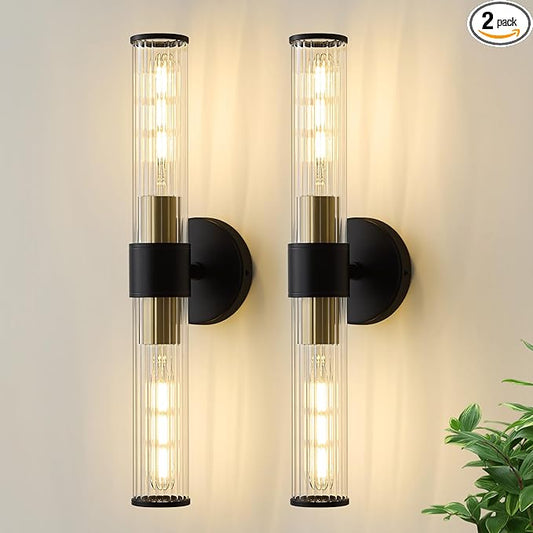Bathroom Light Fixtures 2 Pack Hardwired, Black Gold Wall Sconce Threaded Glass Vanity Light Featuring Two E26 sockets, Bathroom Wall Light Dimmable - Bulb Not Included, UL Certification
