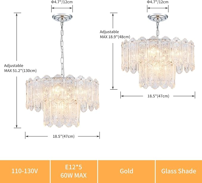 5-Lights Luxury Glass Chandeliers, Mid-Century Modern Chandeliers for Dining Room, D18.5'' × H18.9'', Adjustable Height (18.9"~51.2"), Chrome Finish Frame & Double Figured Glass Shade