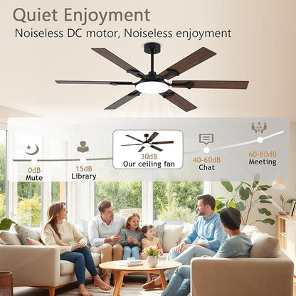 NKPU 66 Inch Brown Ceiling Fan with Lights, Modern Large Ceiling Fan with Remote & APP Control, Reversible DC Motor, 6 Double-Sided Blades, 6 Speeds, Silent, Timer, for Living Room Indoor & Outdoor