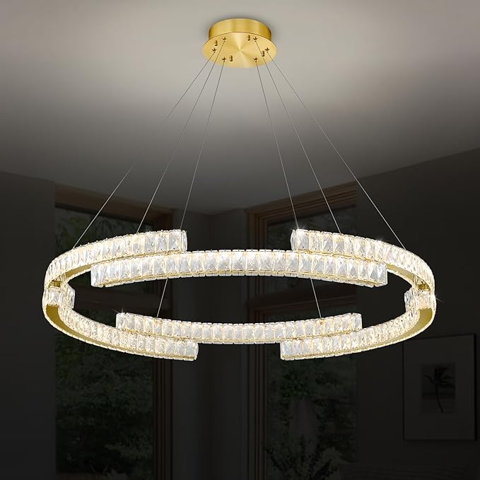 Modern Led Ring Pendant Light Dimmable Crystal Chandelier for Living Room Dining Room Adjustable 40 inch Gold