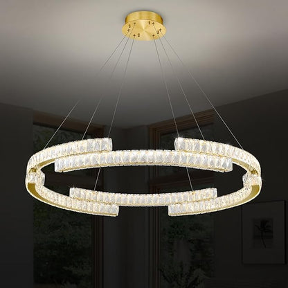 Modern Led Ring Pendant Light Dimmable Crystal Chandelier for Living Room Dining Room Adjustable 40 inch Gold