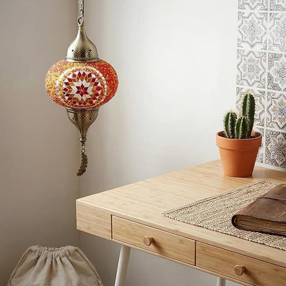 Turkish Moroccan Mosaic Pendant Light - Handcrafted Tiffany Style Swag Lamp with 15ft Cord, Vintage Glass Ceiling Fixture for Mediterranean Decor (Red1)