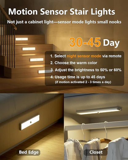 SZOKLED 58-LED Under Cabinet Lighting Wireless, RGB Motion Sensor Night Lights, 1100mAh Magnetic Under Cabinet Lights for Kitchen, Shelf, Stair, 15 Color (4 Pcs)