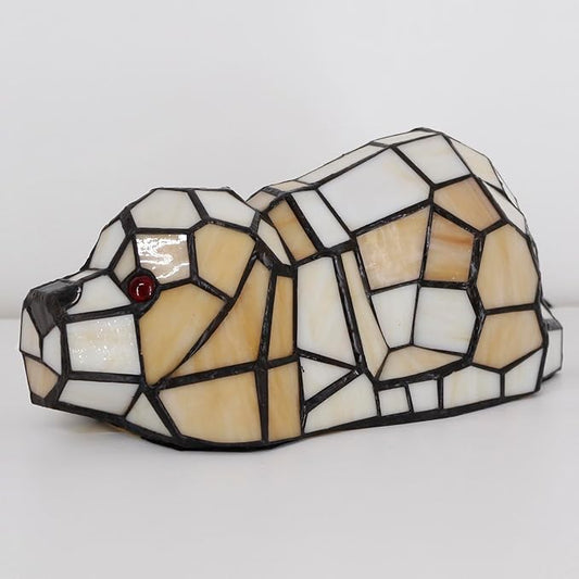 Small Tiffany Lamp Stained Glass Animal Table Lamp Mini Accent Desk Light (Amber White Dog)