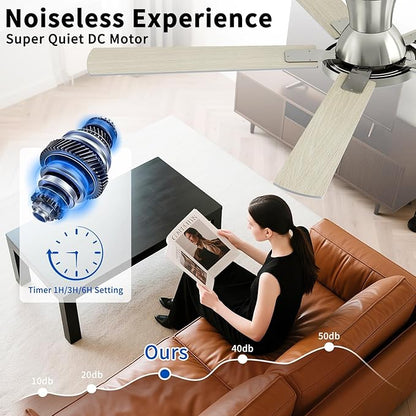 60 Inch Brushed Nickel Ceiling Fans with Lights and Remote, Flush Mount Low Profile 5 Blades Ceiling Fan with 10 Inch Lighting Fixture, Quiet Reversible DC Motor for Living Room, Bedroom and Patio