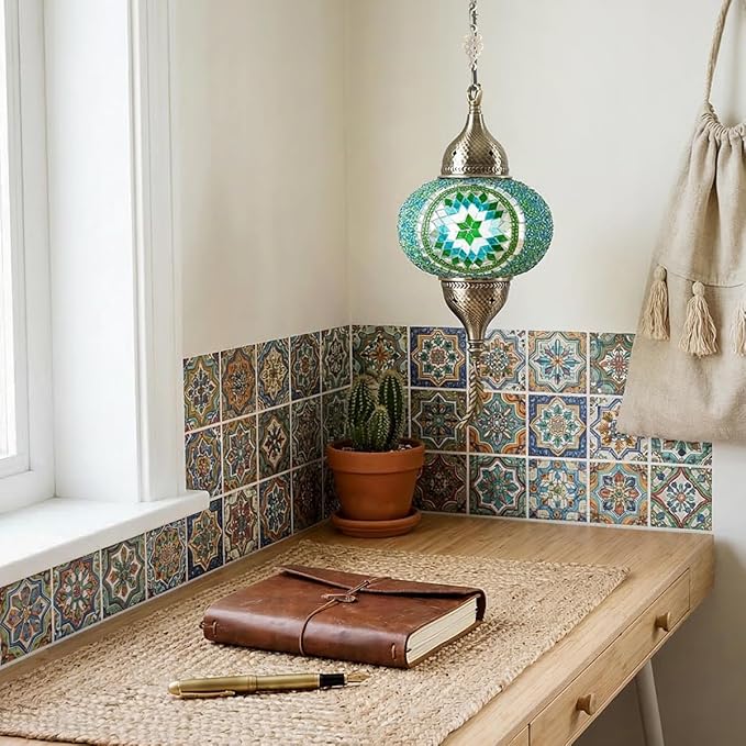 Turkish Moroccan Mosaic Pendant Light - Handcrafted Tiffany Style Swag Lamp with 15ft Cord, Vintage Glass Ceiling Fixture for Mediterranean Decor (Green1)