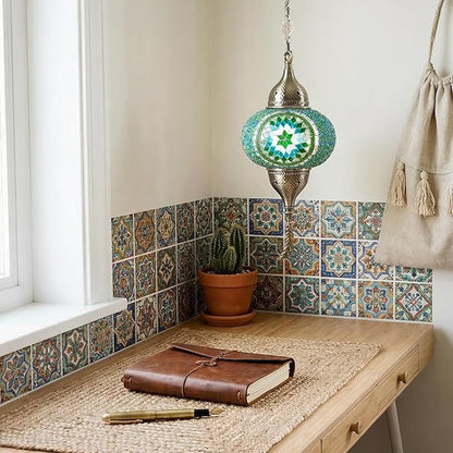 Turkish Moroccan Mosaic Pendant Light - Handcrafted Tiffany Style Swag Lamp with 15ft Cord, Vintage Glass Ceiling Fixture for Mediterranean Decor (Green1)