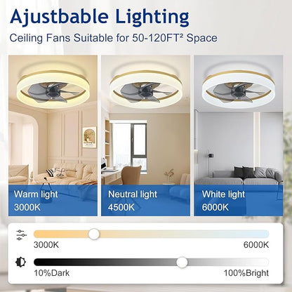 DLLT LED Ceiling Fan with Light: 16" Modern Low Profile Flush Mount Fandelier with App & Remote Control - Dimmable Gold Bladeless Fan Light Fixture for Bedroom Kids Room Living Room