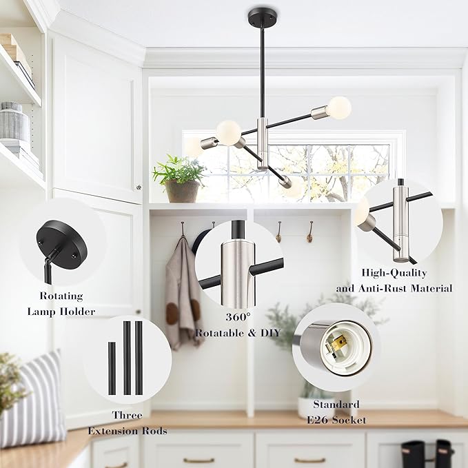 Modern Sputnik Chandelier Adjustable 4-Light Industrial Ceiling Light Fixture Mid Century Semi Flush Mount Ceiling Light Fixture Farmhouse Pendant Lighting for Dining Room Bedroom Silver