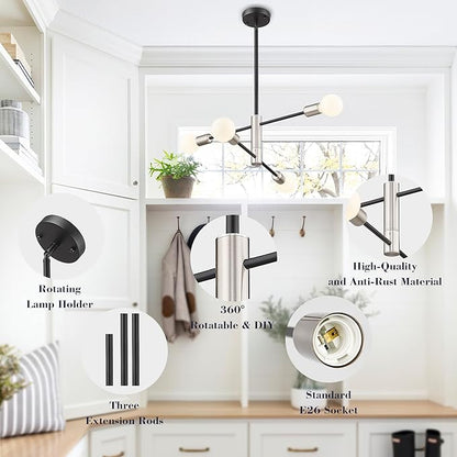 Modern Sputnik Chandelier Adjustable 4-Light Industrial Ceiling Light Fixture Mid Century Semi Flush Mount Ceiling Light Fixture Farmhouse Pendant Lighting for Dining Room Bedroom Silver