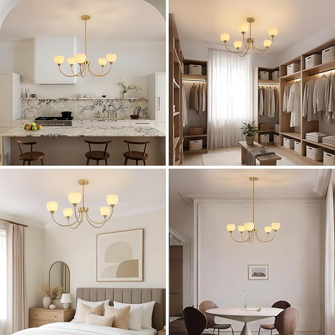 Shenmoyl 30.31" Brass Gold Chandelier, 5-Light Chandelier Light with White Tulip Glass Lampshade, Height Adjustable Vintage Chandeliers for Dining Room Living Room Kitchen Island