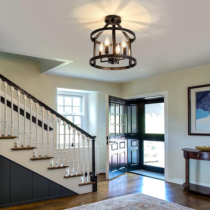 UOFUS 2-Pack Semi Flush Mount Ceiling Light Fixture Farmhouse Matte Chandelier Ceiling Lamp for Entryway Foyer Dining Room Bedroom Kitchen Hallway （Black Metal ）