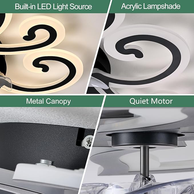 Black Flower Modern Ceiling Fans with Lights, Low Profile Ceiling Fan with Remote for Bedroom, Flush Mount Ceiling Fan with LED Dimmable Light,6-Speeds, Timing CeilingFan Light-yun