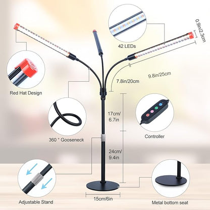FRGROW 3Head Tabletop Grow Lights for Indoor Plants, Seed Starting, Vegetables, Bonsai, Bright Desk Plant Growing Lamps, 4/8/12/16/20H Timer, 27 Watt Power Draw, NO Need Adapter, 360° Gooseneck
