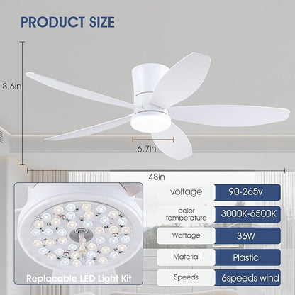 Surtime 48" Ceiling Fans with Lights-Low Profile Ceiling Fan with Light and Remote/APP Control,Flush Mount,DC Reversible,LED Dimmable Modern Ceiling Fans for Bedroom,Indoor/Outdoor Patio Use(White)