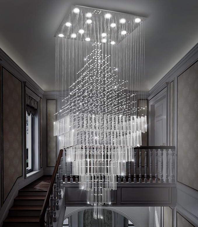 HAIXIANG W40 x H120 Glam Chandelier with LED Bulbs Square Chandeliers, Crystal Raindrop High Ceiling Pendant Light for Entrance Large Villa Chandelier Foyer Lighting Fixtures Silver