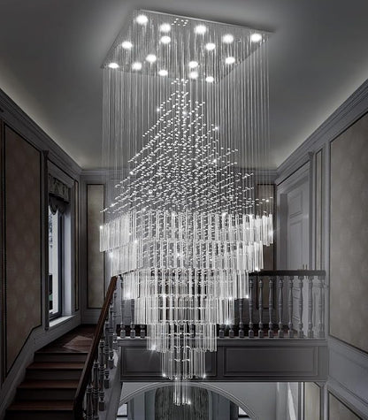 HAIXIANG W40 x H120 Glam Chandelier with LED Bulbs Square Chandeliers, Crystal Raindrop High Ceiling Pendant Light for Entrance Large Villa Chandelier Foyer Lighting Fixtures Silver