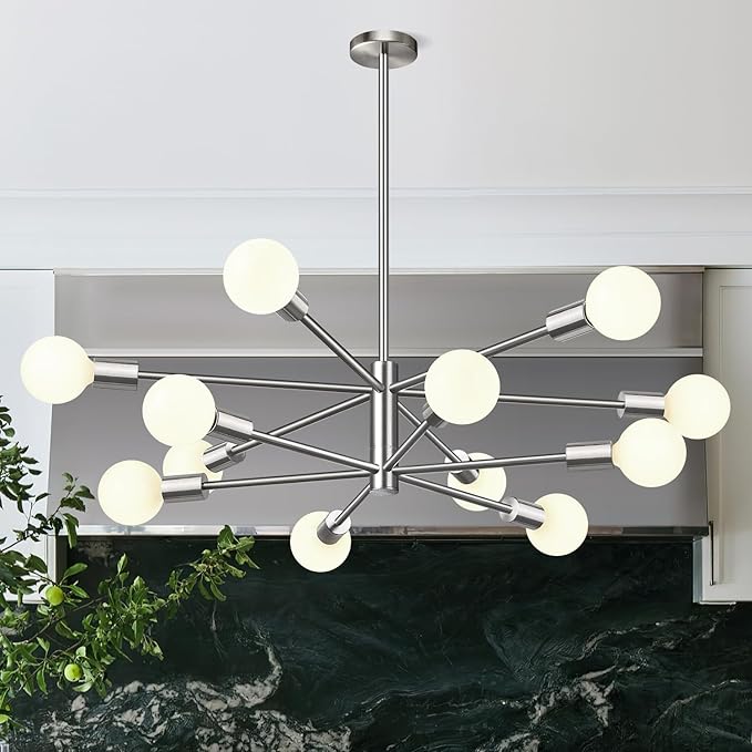 33" Modern Chandelier Ceiling Light Fixture, 12-Light Sputnik Chandeliers Brushed Nickel Mid Century Chandelier Over Table, Height Adjustable Chandeliers for Dining Room Living (Bulbs Not Included)