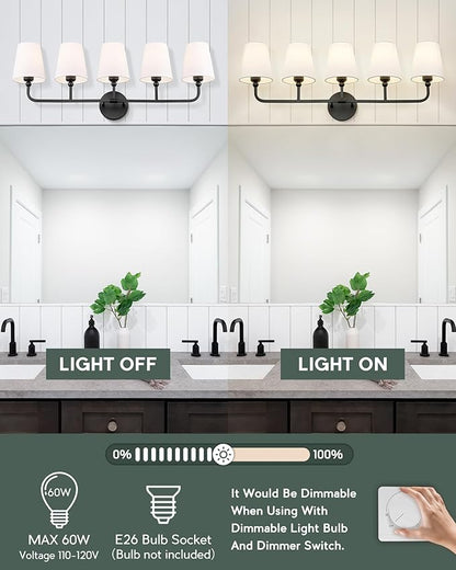 Bathroom Light Fixtures, 5 Light Matte Black Vanity Lights with Flared White Fabric Shade, 35 Inch Wall Sconce, Modern Sconces Wall Lighting for Hallway Bedroom, VL837-MB-5