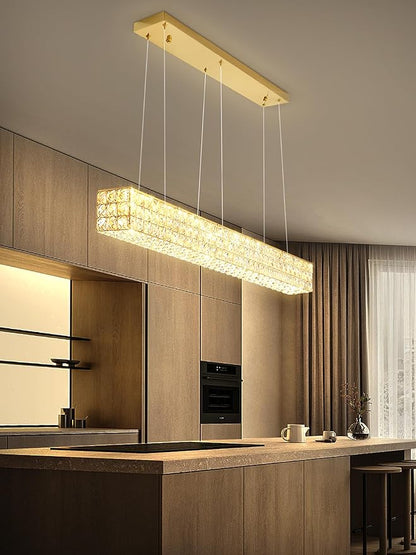 ykolupty W48 Rectangular Gold Crystal Chandelier Modern Rectangle Pendant Ceiling Light Fixture for Living Room Dining Room Kitchen Island Bar