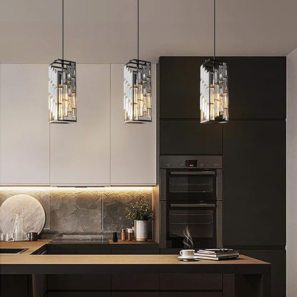 Black Pendant Lighting Modern Pendant Light, Mini Crystal Chandeliers,Adjustable Pendant Light Fixture for Kitchen Island Dinning Room Bedroom (2 Pack)