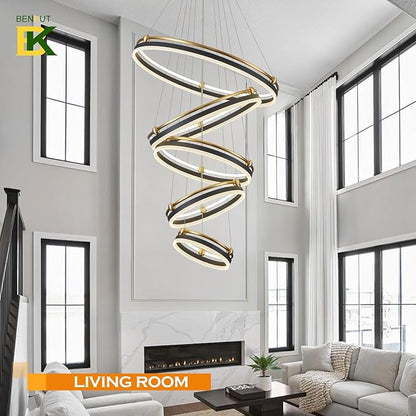 Benkut 5-Rings Modern LED Chandelier Black Gold Dimmable Large High Ceiling Chandeliers Foyer, Remote Pendant Lighting for Foyer Entryway Dining Room Living Room Staircase(10-Ring Lighting, D30in)