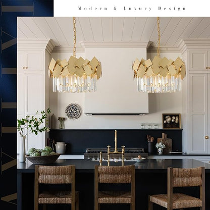A AXILIXI Gold Crystal Chandelier for Dining Room Modern 20" Drum Chandeliers K9 Round Ceiling Pendant Light Fixtures Luxury Semi Flush Mount Chandelier for Entry Living Room Bedroom