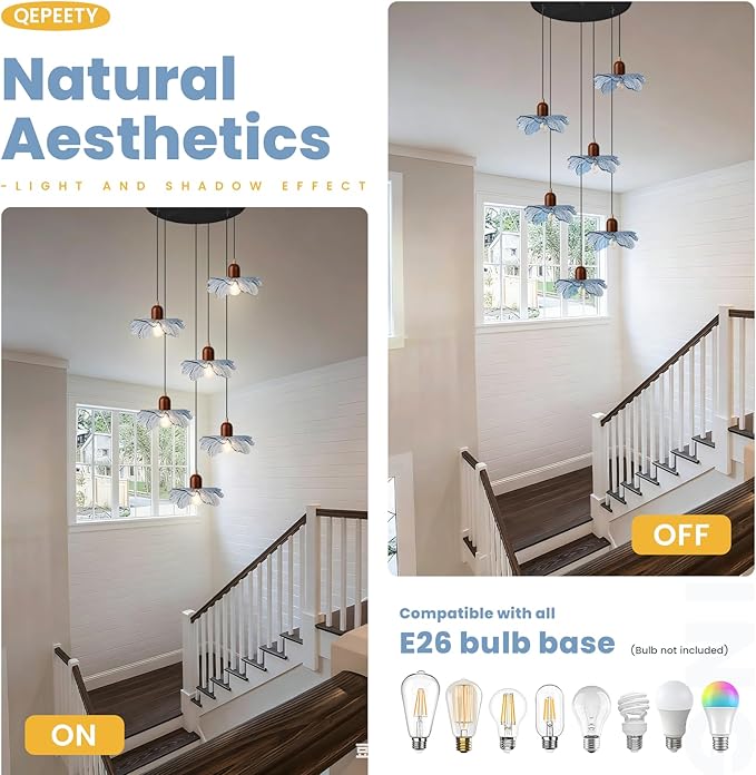 6-Light Blue Glass Flower Chandelier, Adjustable Height Staircase Pendant Light, Modern Mid Century Floral Hanging Ceiling Fixture for Living Room Dining Room Foyer Entryway