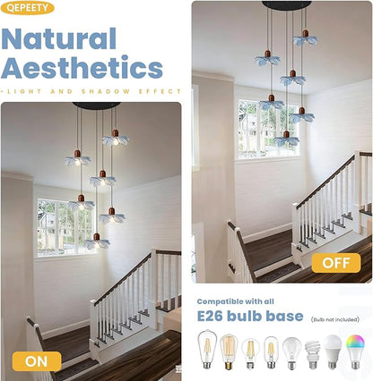 6-Light Blue Glass Flower Chandelier, Adjustable Height Staircase Pendant Light, Modern Mid Century Floral Hanging Ceiling Fixture for Living Room Dining Room Foyer Entryway