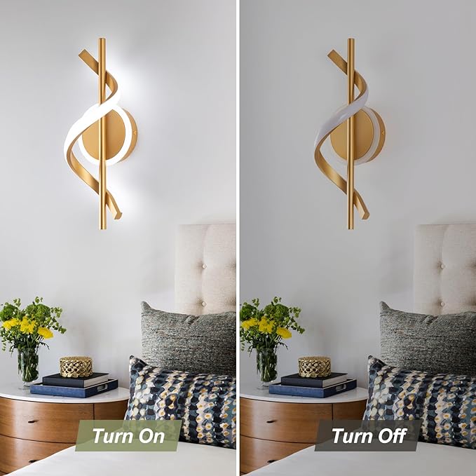 EIDISUNY 2 Pack LED Wall Sconces Indoor, 12W LED Wall Mount Lights, Modern Spiral Wall Lamp, 6000K Cold Light Fixture for Stairs, Living Room, Bedroom, Aisle, Hallway (Cold White, Gold)