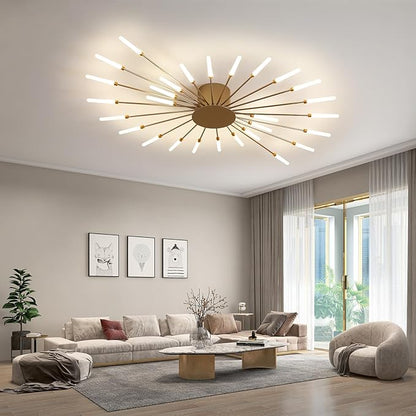 JAYMP 41.3" Ceiling Light Modern Flower Shape Ceiling Lamp for Dining Room Kitchen Hallway Flush Mount Metal Acrylic Sputnik Firework Petal LED Lighting Fixture (Matte Gold, 28 Lights)