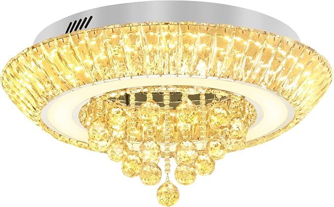 Modern Led Crystal Chandelier for Living Room Crystal Raindrop Chandeliers for Dining Room, Bedroom 24in Silver Flush Mount Chandelier Ceiling Light with Remote