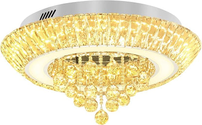 Modern Led Crystal Chandelier for Living Room Crystal Raindrop Chandeliers for Dining Room, Bedroom 24in Silver Flush Mount Chandelier Ceiling Light with Remote