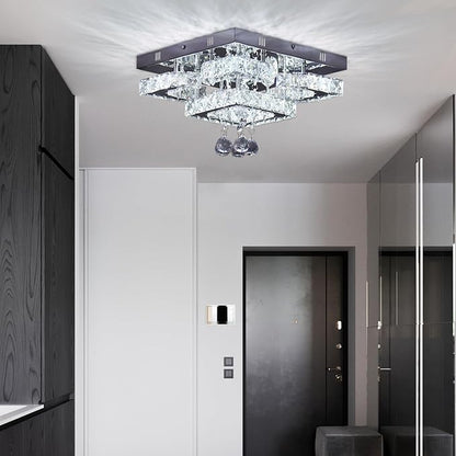 11.8" Modern Crystal Chandelier LED Ceiling Light Fixture Suitable for Kitchen Corridor Hallway Bedroom Bathroom Dining Room 4 Petals/Raindrop Ball Square Wall Switch （White Light）